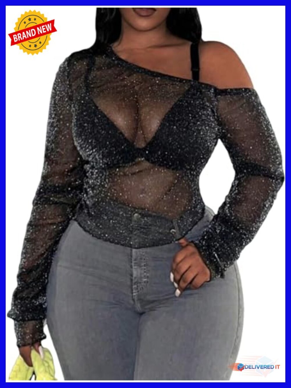Plus Size Sheer Glitter Mesh Long Sleeve Off Shoulder T-Shirt
